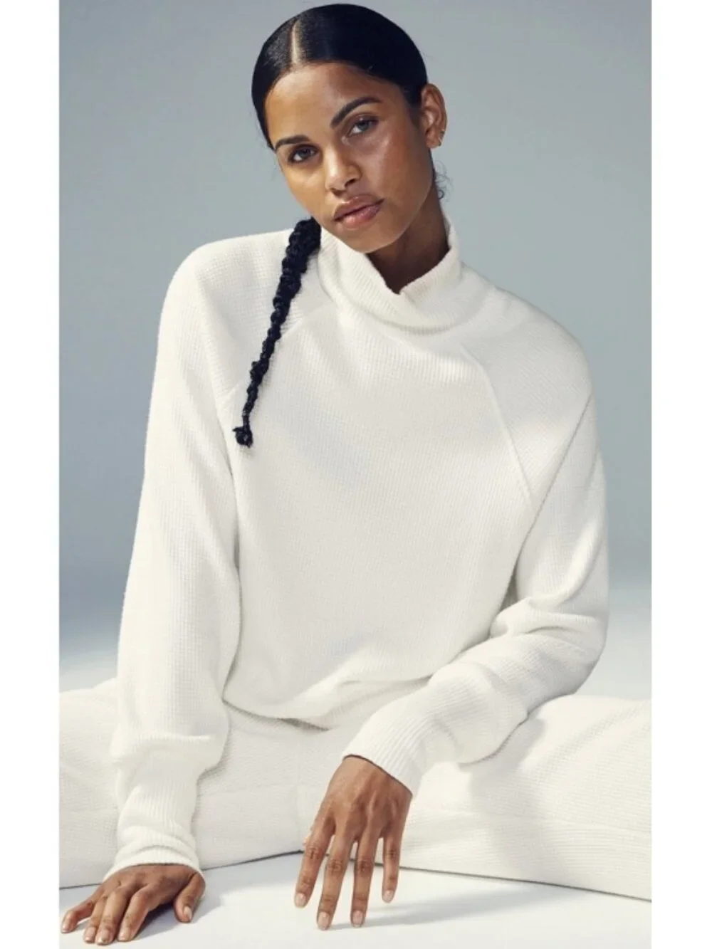 Alo Weekend Escape Mock Neck Long Sleeve Ivory Waffle Thermal Turtleneck Sweater